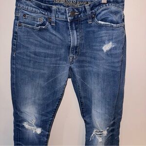 American Eagle Outfitters Men's Dark Blue Ripped Skinny Jeans